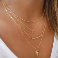 Multi layer Necklace feather leaf Pendant Silver color gold color with Disc bead plated Metal salite Chain