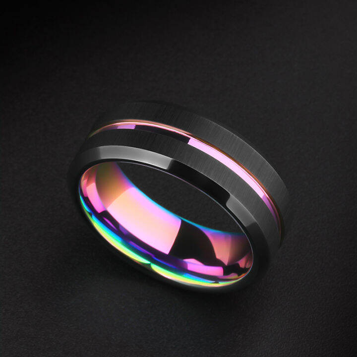 tungsten-rings-8mm-rainbow-black-brushed-tungsten-wedding-band-triton-gorgeous-center-grooved-free-shipping