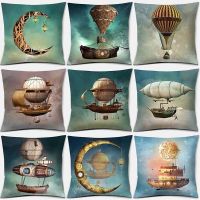 [FAZOZO Home Textile Store] Steampunk FAZOZO Home Textile Store Air Balloon พิมพ์ผ้ากำมะหยี่เนื้อนุ่มการตกแต่งบ้านปลอกหมอนรถยนต์โซฟาปลอกหมอนข้อความปลอกหมอน