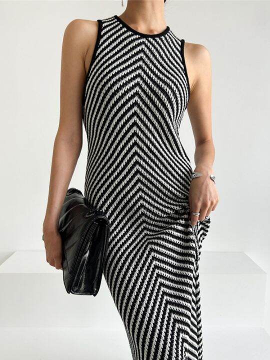 xitao-dress-women-striped-knitted-sleeveless-dress