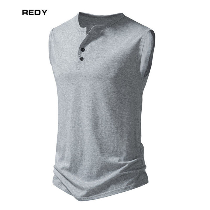 redy-เสื้อยืดแขนกุดผู้ชายคอวีกระดุมเรียบง่ายเสื้อยืดผู้หญิงแฟชั่นสำหรับกีฬาฟิตเนส