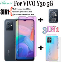 BLKNAIM 3IN 1 Vivo Y30 5G กระจกเทมเปอร์ป้องกันแสงสีฟ้า Vivo Y30ฟิล์มปกป้องหน้าจอป้องกันแสงสีฟ้า + ฟิล์มเลนส์ + ฟิล์มด้านหลัง