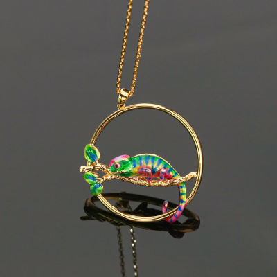 Charms Chameleon Necklace For Women Fashion Jewelry Accessories Copper Enamel Glaze Animal Pendant Neck Good Gift