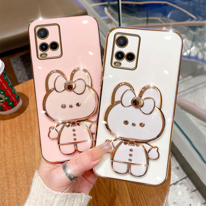 jiefie-น่ารักกระต่ายเคสโทรศัพท์สำหรับ-vivo-y21-y21s-y33s-y21a-y21t-y33t-y53s-y51-y31โครเมี่ยมสุดหรูชุบกล่องสี่เหลี่ยมจตุรัสแต่งหน้า-tpuนิ่มชนิดใสโทรศัพท์-ขาตั้ง