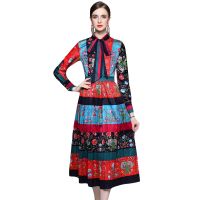 Women Dress Spot Real  Elegant Long Sleeve  Vintage Printed Maxi Dress