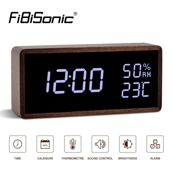 worth-buy-นาฬิกาปลุกไฟ-led-แบบเส้นใยที่ทันสมัยเครื่องวัดอุณหภูมิความชื้นตั้งโต๊ะควบคุมเสียงนาฬิกาไม้