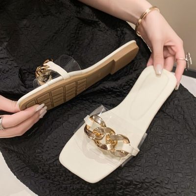 Hot sell Open Toe Chain Flats Slippers Women Pvc Sandals Casual Shoes Flip Flops 2023 Summer Trend New Fashion Beach Walking Shoes Slides