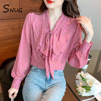 SNUG เสื้อโบว์พิมพ์ลายริบบิ้น2023แฟชั่นใหม่เสื้อเสื้อชีฟองบางเก๋ไก๋เข้ากับทุกชุด