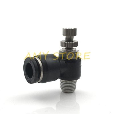 QDLJ-Throttle Valve Right Angle Quick Push In Connector Pneumatic Joint Sl4 6 8 10 12mm-m5" 1/8" 1/4" 3/8" 1/2" Bspt Threaded Black
