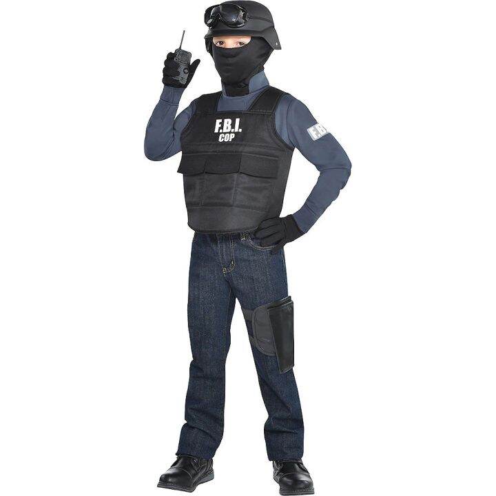 FBI Agent Police Uniform Bulletproof Vest & Helmet Costume Fancy Dress ...