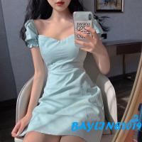 BAY-Women’s Elegant Puff Sleeve Dress Fashion Solid Color Square Collar High Waist Short Dress