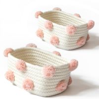 2X Cotton Woven Storage Basket Cute Pompom Decor Sundries Finishing Box Nordic Cosmetic Toys Organizer Frame Pink S