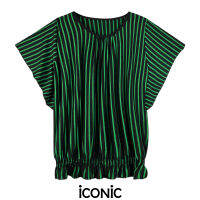 iCONiC GREEN STIPS TOP #9053 เสื้อผญ ผ้ายืด ลายทางเล็ก ทรงหลวม ใส่ได้ตั้งแต่ S-XL ยาว26" สม็อกเอว เสื้อแฟชั่น เสื้อพิมพ์ลาย  เสื้อออกงาน เสื้อชายทะเล