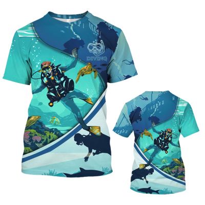 New FashionSummer Mens Fun Scuba Diving Explore The Underwater 3D Printed Mens T-shirt  Crew Neck Short Sleeve Loose Top O-Neck T-shirt 2023
