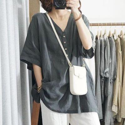 [Spot] shirt V-neck plus size loose casual shirt half sleeve summer top womens plump girls slimming Korean style 2023