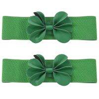 2X Green Faux Leather Flower 7.5cm Wide Elastic Cinch Belt for Woman