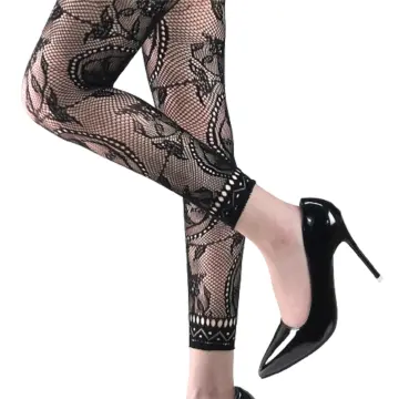 Rose Print Lace Fishnet Tights For Women Sexy Black And White