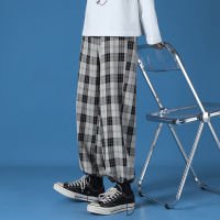 Men New Polyester Loose Japan Harajuku style Grid Wide Pants Men Casual Drawstring Elastic Leg opening Ankle Length Pants Men