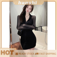 hanshi [2023 new HOT FASHION] lazlook เดรสสั้นสุดเซ็กซี่ของผู้หญิงเอวผ้าตาข่ายแขนยาวแนววินเทจฤดูใบไม้ร่วงฤดูร้อน