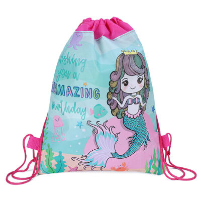 mazalan Mermaid Non-woven Bag กระเป๋าเป้สะพายหลังเด็ก Travel School Decor กระเป๋าสตางค์ของขวัญ