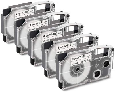 5 Pack Compatible Casio XR-9WE XR9WE XR 9WE1 Label Tape, Adhesive Labeling Tape Cassette, Suitable for KL-60 KL-120 KL-170 PLUS CW-L300 KL-P350W KL-750B KL-820 KL-7400 Ez-Label Printer Black on White 3/8 inch (9mm) x 26 feet (8m)
