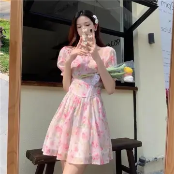 Shop Summer Floral Bubble Sleeve Fairy Pink Dress Formal Long Dress Gown Hot  with great discounts and prices online - Jan 2024