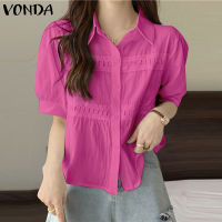 VONDA เสื้อลำลองผู้หญิงคอปกแขนสั้นเสื้อลูกไม้แผง (สาเหตุเกาหลี)