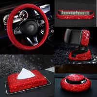 Red Rhinestone Car Interior Accessories for Women Diamond Steering Wheel Cover Crystal Car Mount Holder Keychain Tissue Box Deco