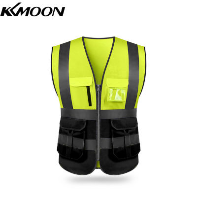 KKmoon การมองเห็นสูงเสื้อกั๊กความปลอดภัยสะท้อนแสงเสื้อกั๊กสะท้อนแสงหลายกระเป๋า Workwear การรักษาความปลอดภัยเสื้อผ้าทำงานกลางวันกลางคืนรถจักรยานยนต์ขี่จักรยานเตือนความปลอดภัยเสื้อกั๊ก