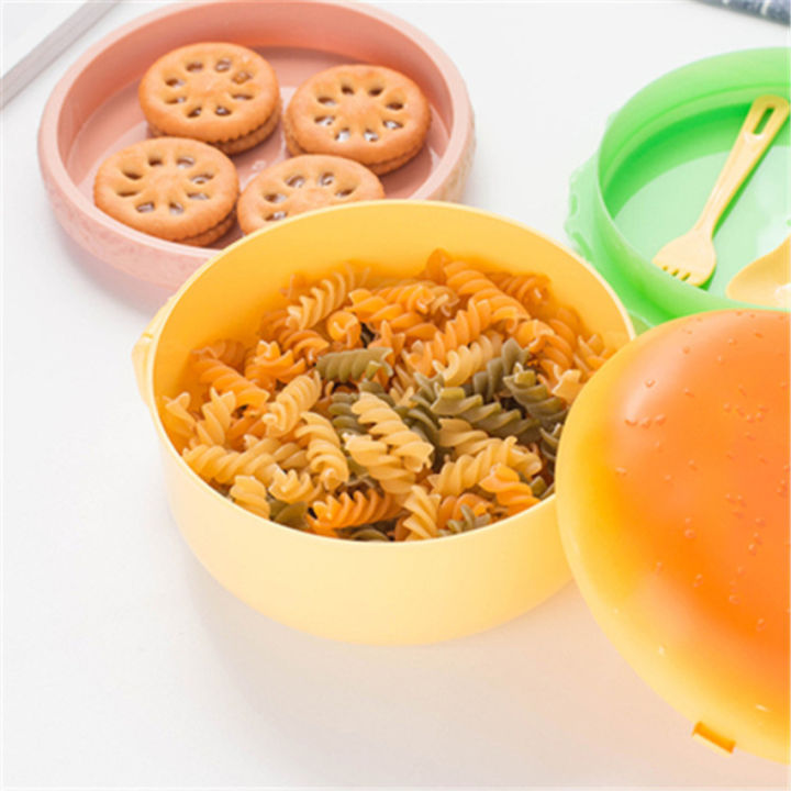 double-tier-hamburger-lunch-box-hamburger-bento-box-microwavable-kids-school-food-container-fork-dinnerware-set