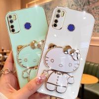 Folding Makeup Mirror Phone Case For Infinix Tecno Camon 15 Spark 5 Pro KE5 KD7S CD7  Case Fashion Cartoon Cute Cat Multifunctional Bracket Plating TPU Soft Cover Casing