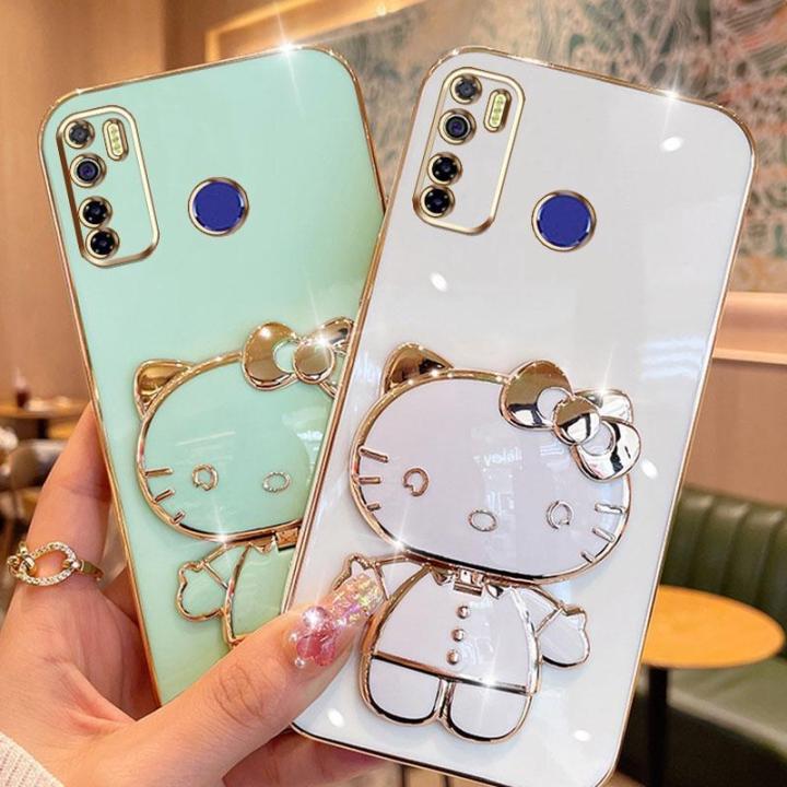 folding-makeup-mirror-phone-case-for-infinix-tecno-camon-15-spark-5-pro-ke5-kd7s-cd7-case-fashion-cartoon-cute-cat-multifunctional-bracket-plating-tpu-soft-cover-casing