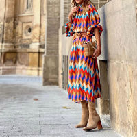 2022 New High Quality Spring High Neck 34 Sleeves Vintage Print Long Dress Women Fashion Dresses Bohemian Pattern Vestidos Robe