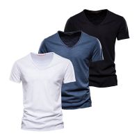 HOT11★ 3 PCS Sets 100% Cotton Mens T-Shirts Fashion Design V-neck Cal Slim Fit Basic Solid Summer T Shirt For Men