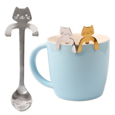Stainless Steel Spoons Lovely Cat Hanging Coffee Cup Spoon Ice Cream Dessert Teaspoon Creative Hanging Scoop Tableware Serving Utensils