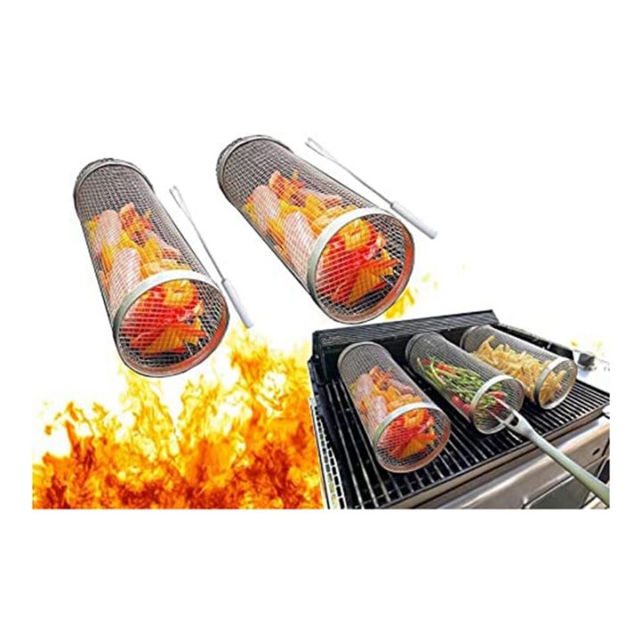 2pcs-bbq-net-tube-rolling-grilling-basket-stainless-steel-wire-mesh-bbq-cylinder-greatest-grilling-basket-ever-silver