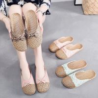 Summer Asian grass woven sandals womens Linen slippers home indoor anti-skid floor thick bottom rattan grass mens home