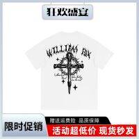 WILLIAMFOX SONS Retro Thorn Cross Gothic Letter Logo Print Round Neck Loose Short Sleeve T-Shirt