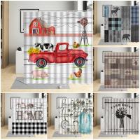 Red Farmhouse Truck Cow Shower Curtains Retro Farm Animal Black White Plaid Splicing Print Polyester Fabric Bathroom Decor Hooks