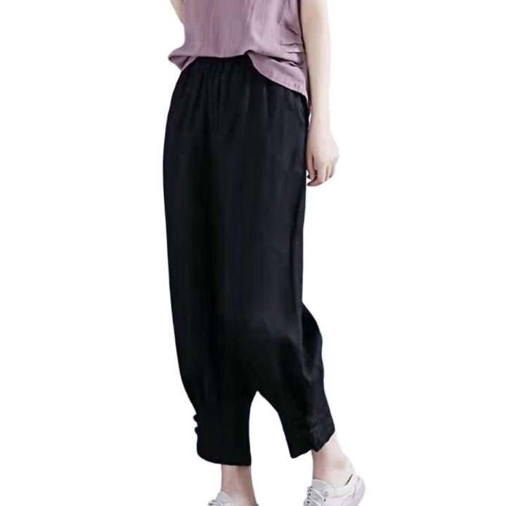 mid-rise-solid-color-slant-pockets-buttons-ankle-cuffs-lady-slacks-loose-fit-elastic-waist-casual-harem-trousers-female-clothing