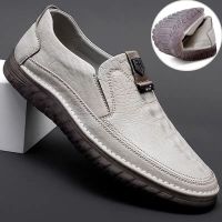 Tendon sole leather shoes mens wear-resistant crocodile pattern mens shoes British lazy mens casual shoes soft leather slip-on peas shoes shoes