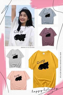 🐱FASHIONJEANS🐱เสื้อยืดพิมพ์ลาย คอกลม แขนสั้น ผ้านิ่ม แฟชั่น  ลายน้องเหมียวสีดำ🐱#9640