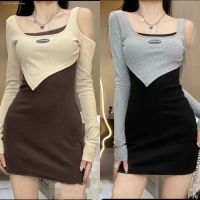 Female temperament false two knitting dress autumn new design feeling small skirt show thin waist bag hip