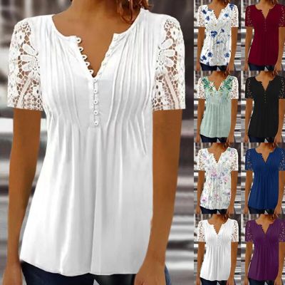 Fashionable Summer Elegant Womens 2023 New Lace Short Sleeve Pleated Top Sexy V-Neck Printed Button Plus Size T-Shirt S-5XL
