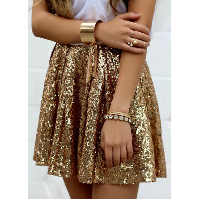 Women Bottoms Gold A-line Sequin Skirt Bling Short Party Pleated Skirt Summer Ladies High Waist Night Out Club Mini Skirt