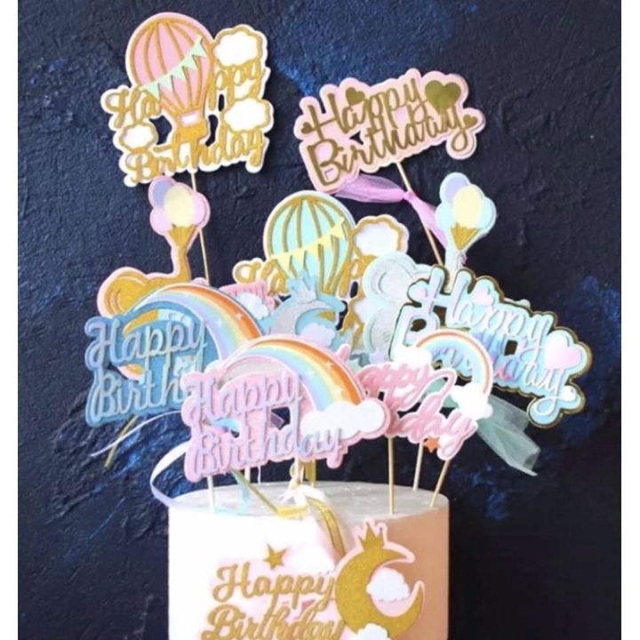 Colorful multi-themed pink and blue Cardstock happy birthday toppers ...