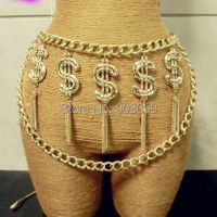 New Punk Metal Chain Belt Exaggerated Gold plated Dollar with Tassel waist belt for Women Men