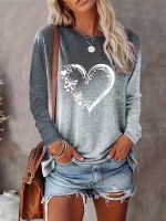 xixibeauty Heart &amp; Butterfly Print Crew Neck T-Shirt, Casual Long Sleeve T-Shirt For Spring &amp; Fall, Womens Clothing