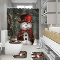 Merry Christmas Bathroom Shower Curtain Set Waterproof Bathtub Curtains Snowman Non-Slip Bath Mat Toilet Seat Cover Pedestal Rug