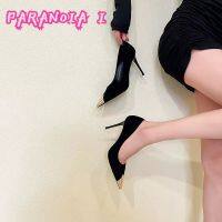 PARANOIA I ผู้หญิงใหม่สไตล์ฝรั่งเศสสีดำกริชส้นสูงซอกออกแบบอารมณ์โลหะชี้นิ้วเท้ารองเท้าเซ็กซี่